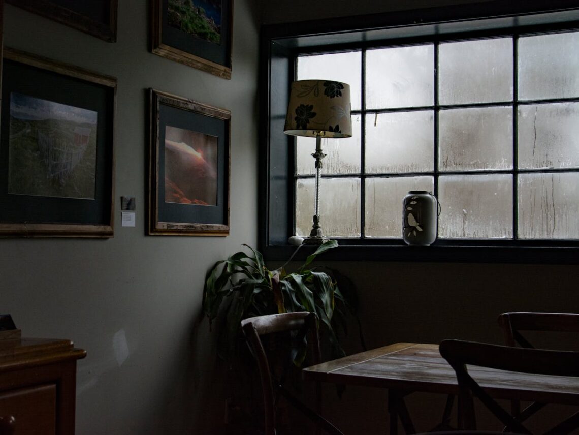 Dark room with a lamp by the window