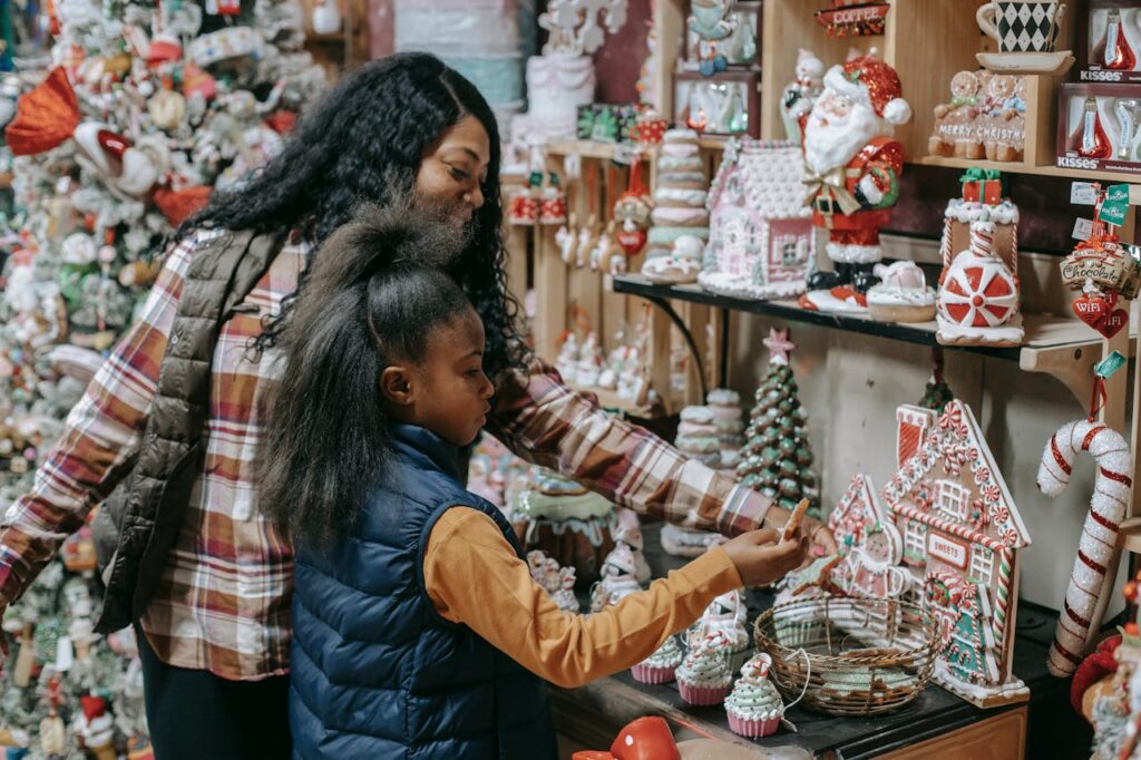 a mother and daughter in a store shopping